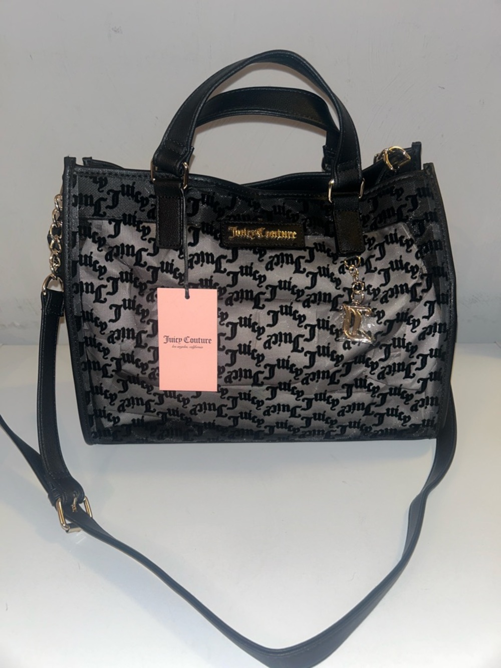 Juicy Couture Black Velvet Logo Satchel with Gold Charm